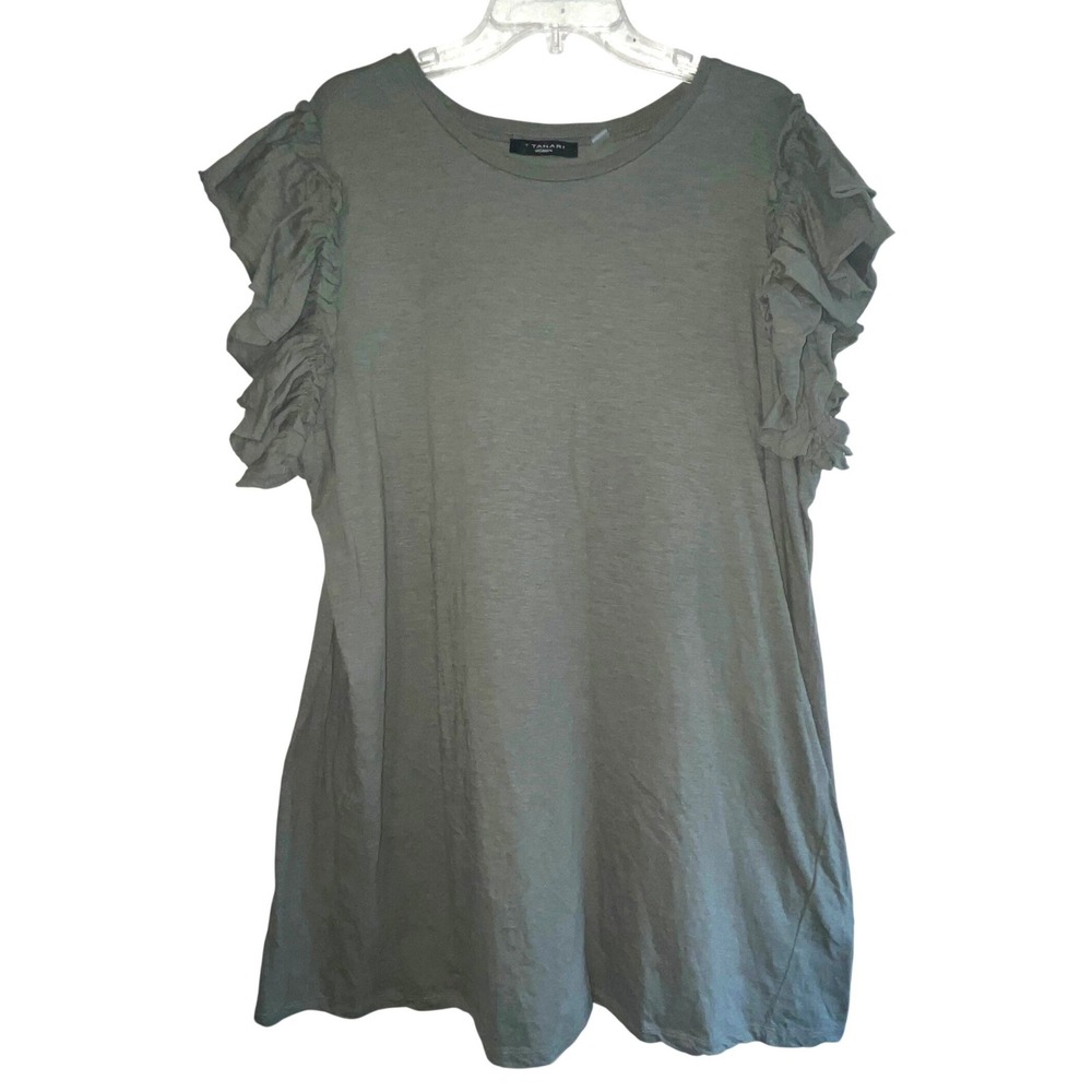 T Tahari Woman Olive Green Pima Cotton Ruffle Sleeve Tunic Top 2X Knit Crew Neck